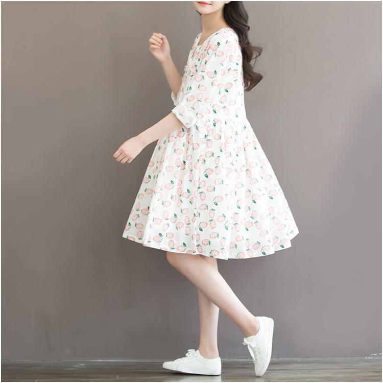 Sweet peach print cotton dress loose casual style traveling dresses - Omychic