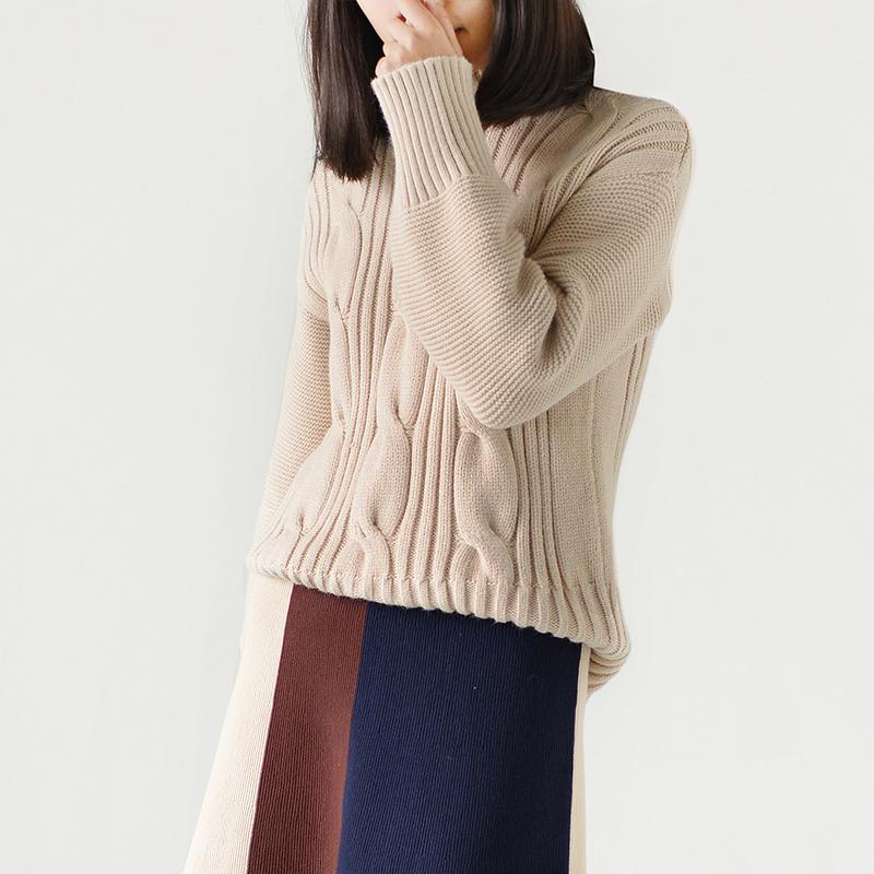Tan cable knit woman sweaters spring short knit tops long sleeve sweater - Omychic