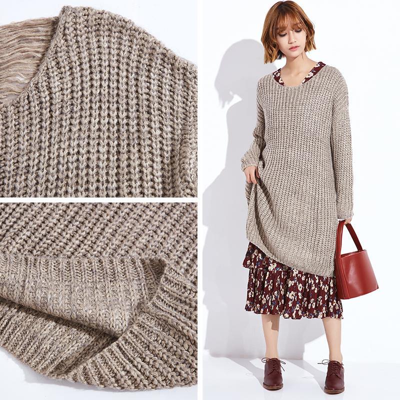 Tan knit dress oversize casual knitted dresses blouse tops - Omychic