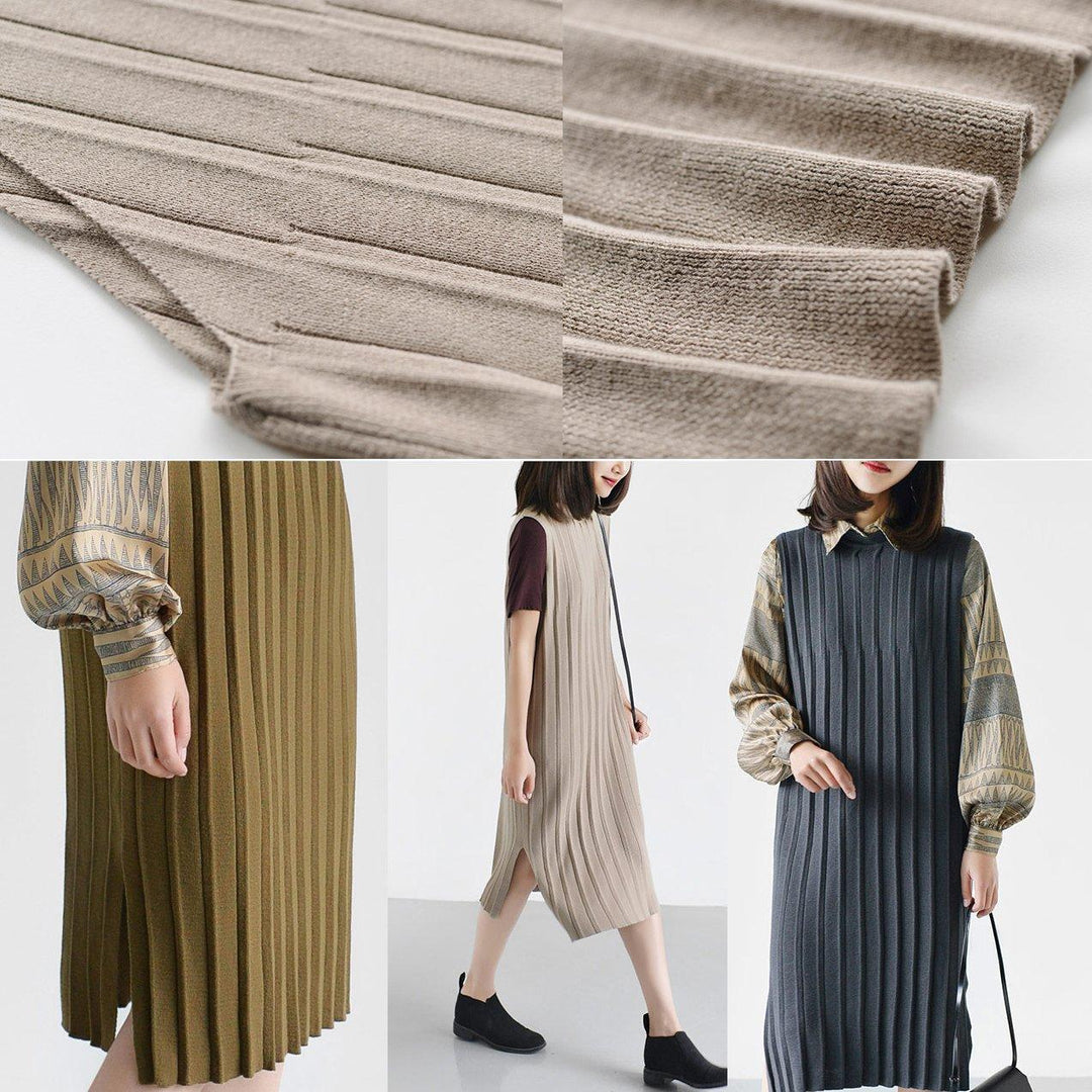 Tan pleated knit dress plus size clothing - Omychic