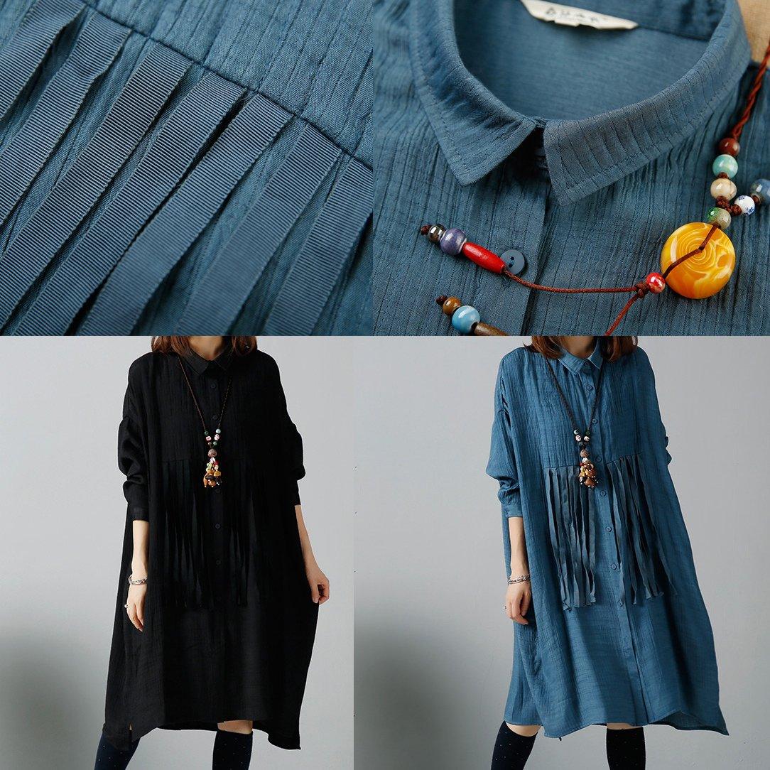 Tasseled denim blue winter dresses plus size shirts - Omychic