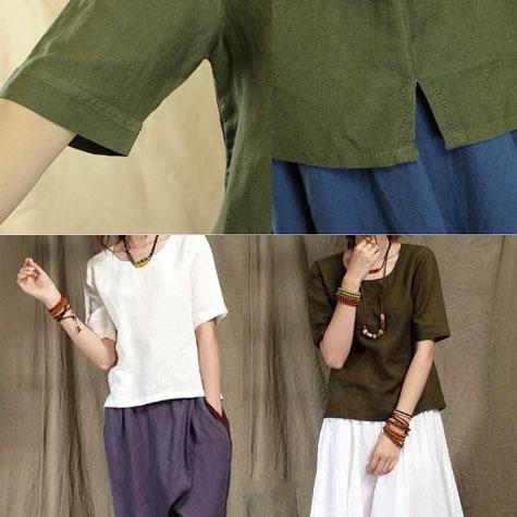 Tea green casual linen t shirt women line blouse half sleeve natural fabric plus size - Omychic