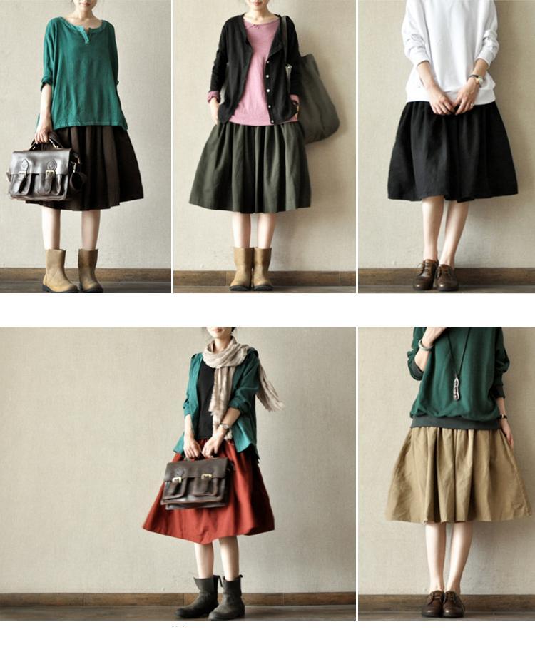 Tea green cotton pleated skirts summer a line skirts elastic waist - Omychic