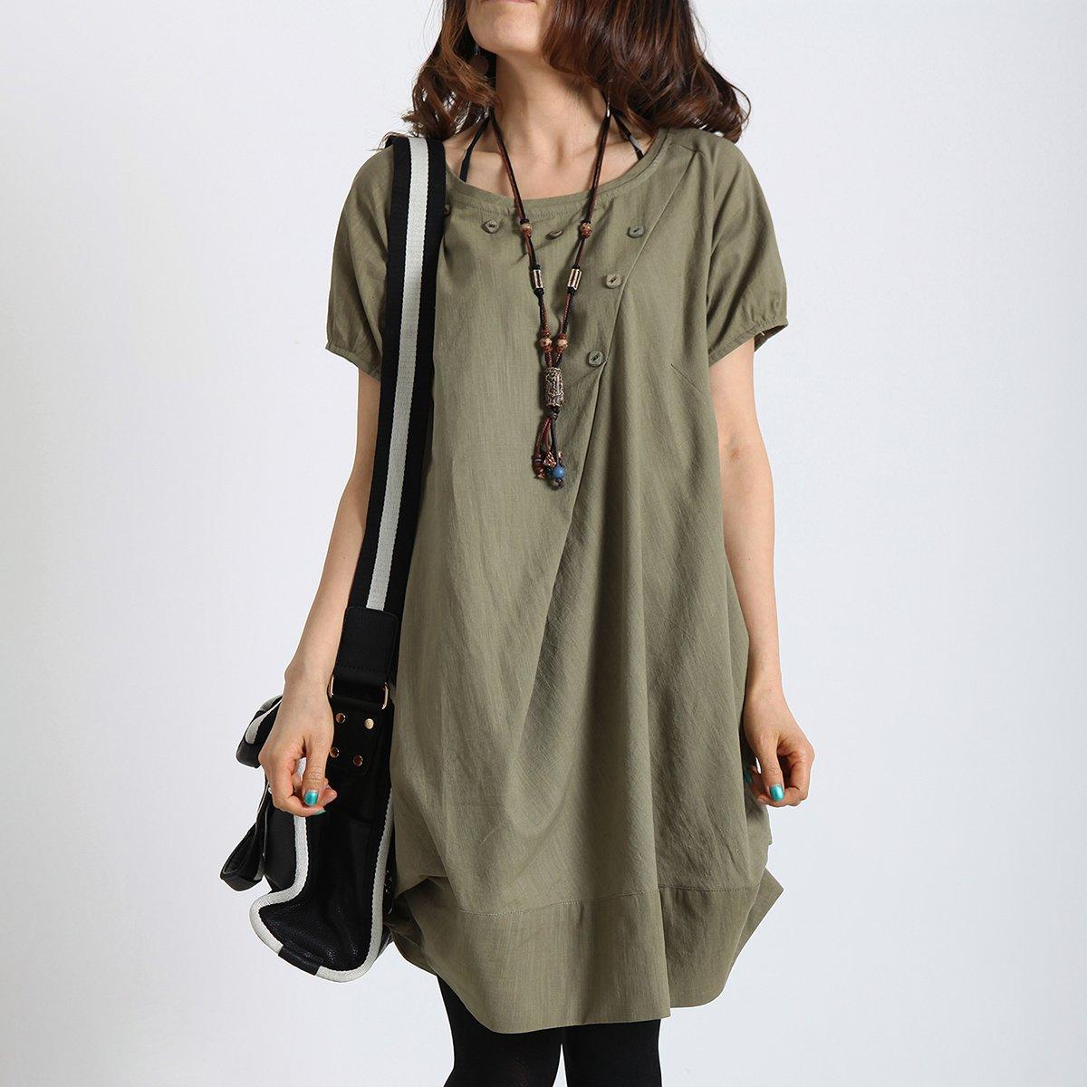 Tea green cotton sundress baggy linen casual summer dress - Omychic