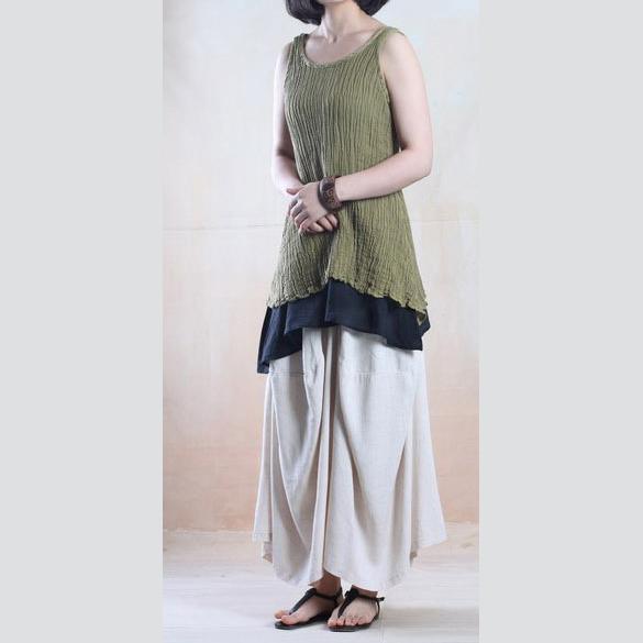 Tea green layered linen tops tanks women summer blouses - Omychic