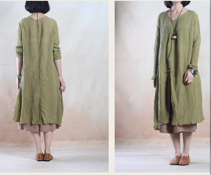 Tea green pleated linen gown long linen maxi dress vintage- when a leaf turns green - Omychic