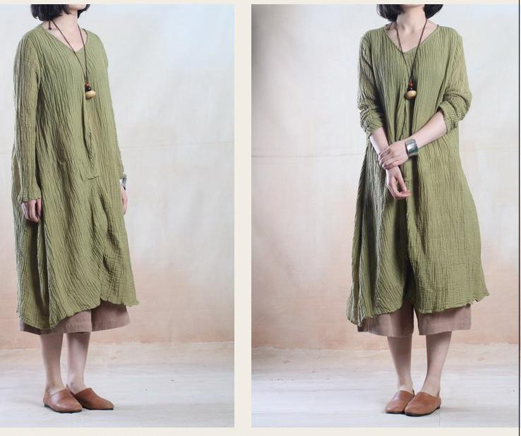 Tea green pleated linen gown long linen maxi dress vintage- when a leaf turns green - Omychic