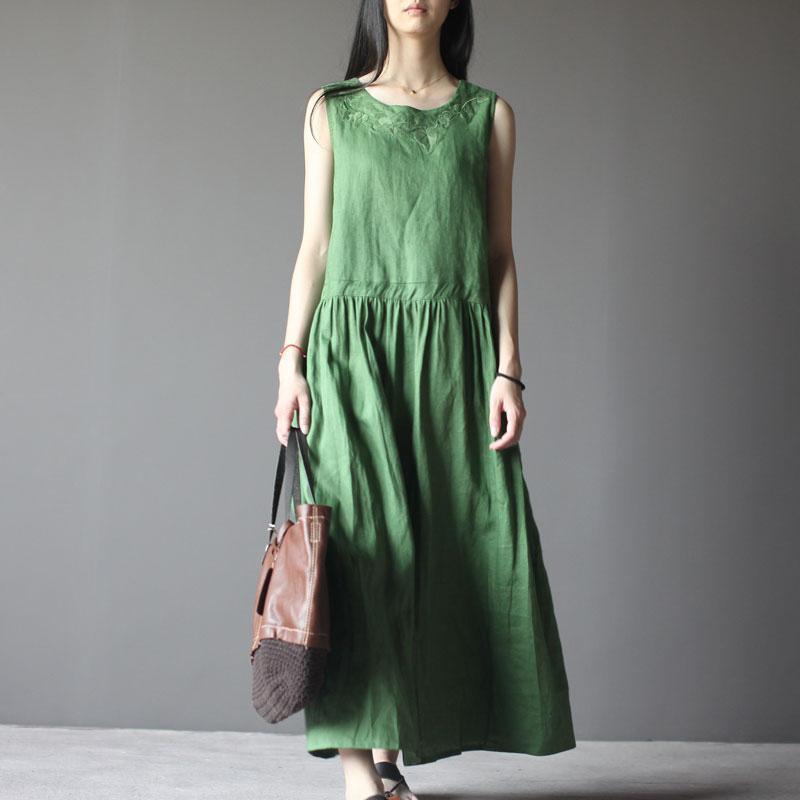 Tea Green Retro Linen Sundress Plus Size Summer Maxi Dresses New Design ( Limited Stock) - Omychic