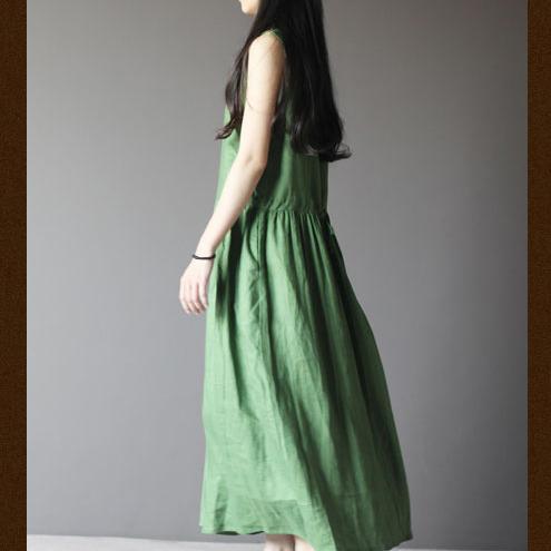 Tea Green Retro Linen Sundress Plus Size Summer Maxi Dresses New Design ( Limited Stock) - Omychic