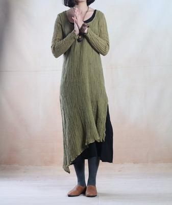Tea green simple pleated linen maxi dress oversize linen dresses - Omychic