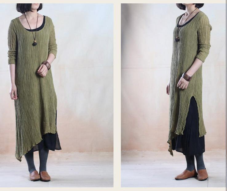 Tea green simple pleated linen maxi dress oversize linen dresses - Omychic
