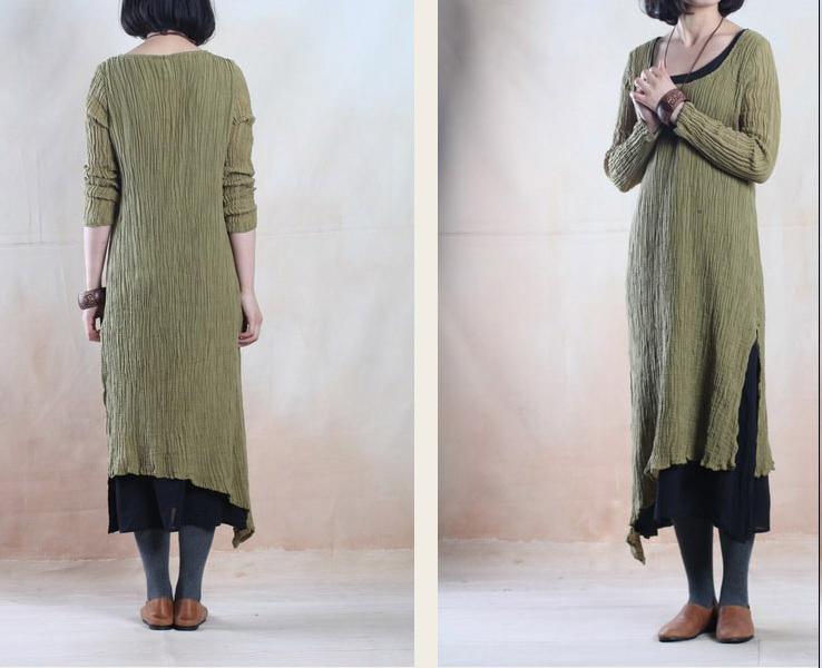Tea green simple pleated linen maxi dress oversize linen dresses - Omychic