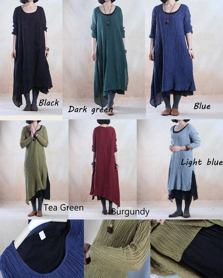 Tea green simple pleated linen maxi dress oversize linen dresses - Omychic