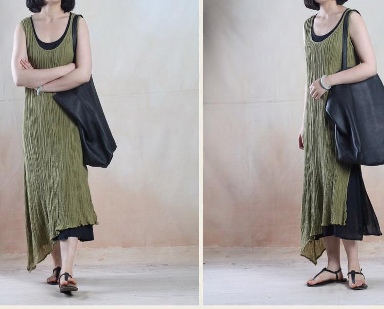 Tea green unique linen maxi dress Asymmetric casual linen dress - Omychic