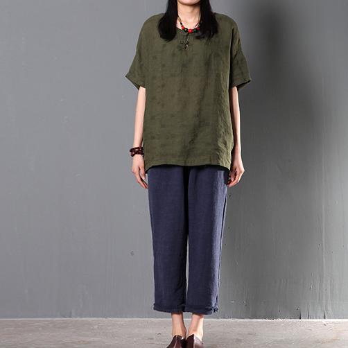 Tea green women summer linen blouse short top plus size shirt - Omychic
