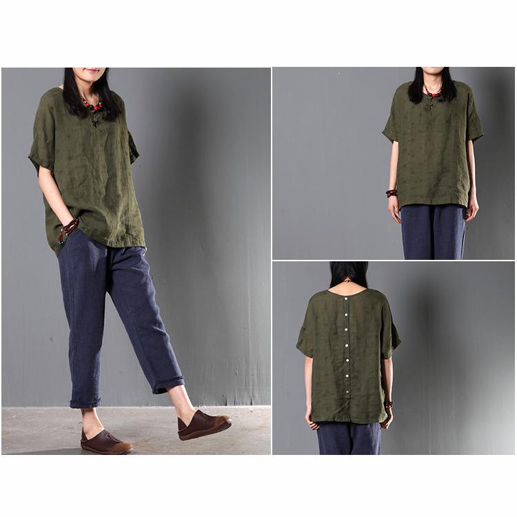 Tea green women summer linen blouse short top plus size shirt - Omychic