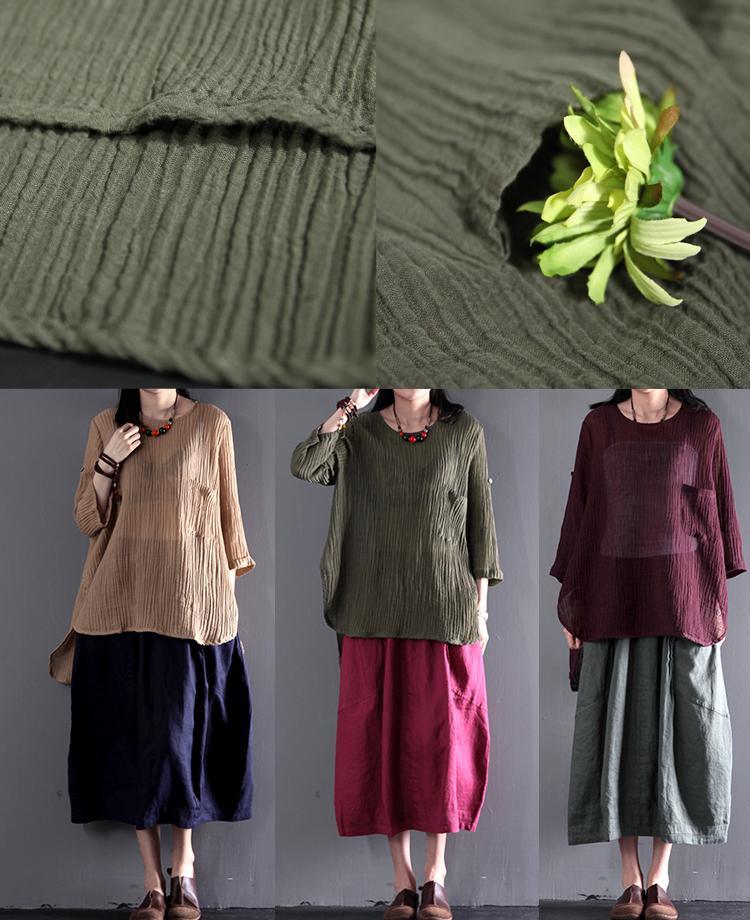Tea green wrinkled linen t shirt women summer blouse plus size top - Omychic