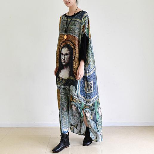 The Mona Lisa print maxi dresses oversized vintage long chiffon dress caftans - Omychic