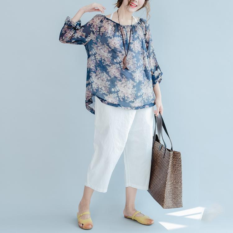 The old memories Navy floral cotton shirts thin long sleeve blouses cotton tops - Omychic