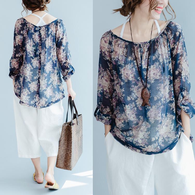 The old memories Navy floral cotton shirts thin long sleeve blouses cotton tops - Omychic