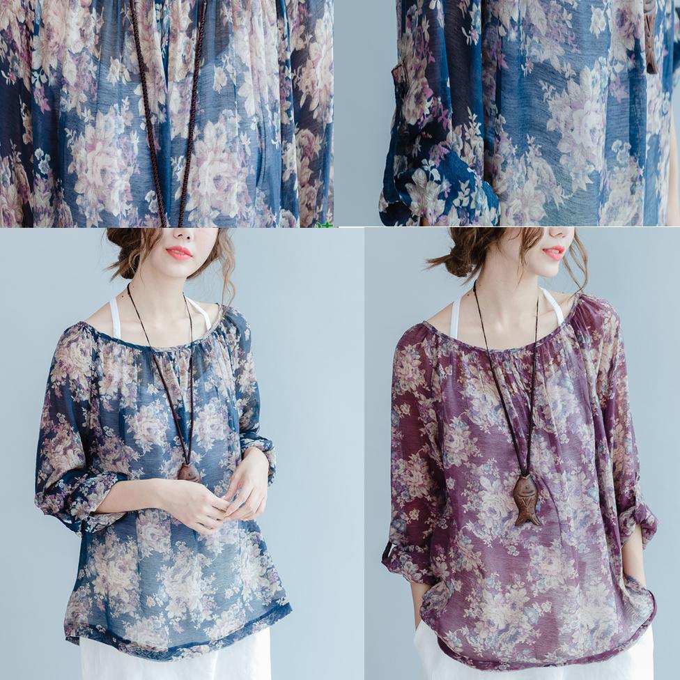 The old memories Navy floral cotton shirts thin long sleeve blouses cotton tops - Omychic