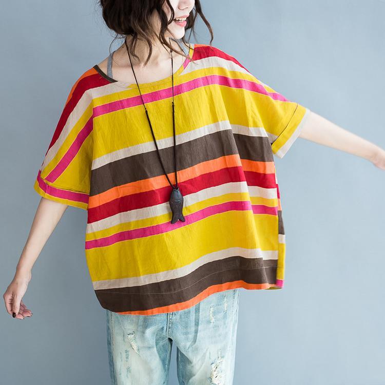 The rainbow linen blouses yellow striped plus size linen tops shirts - Omychic