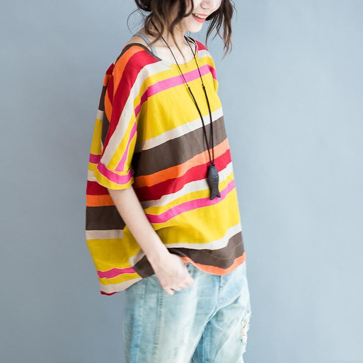 The rainbow linen blouses yellow striped plus size linen tops shirts - Omychic