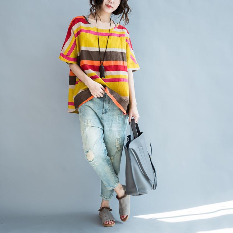 The rainbow linen blouses yellow striped plus size linen tops shirts - Omychic