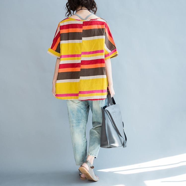 The rainbow linen blouses yellow striped plus size linen tops shirts - Omychic