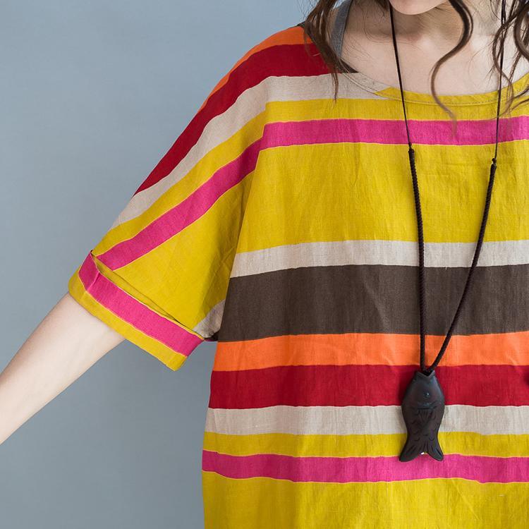 The rainbow linen blouses yellow striped plus size linen tops shirts - Omychic