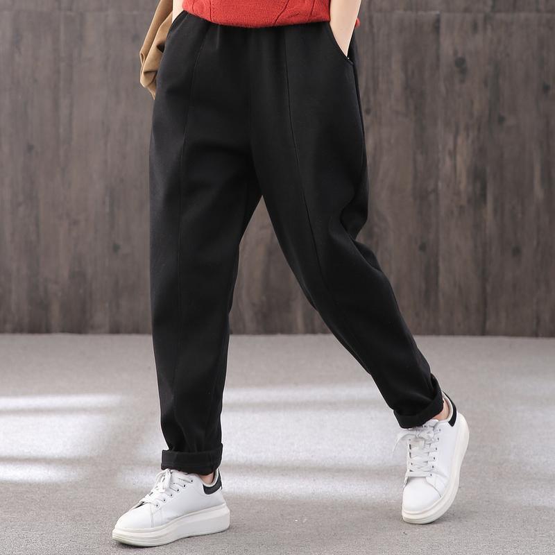 Thicken harem pants female elastic waist literary winter warm black casual pants - Omychic