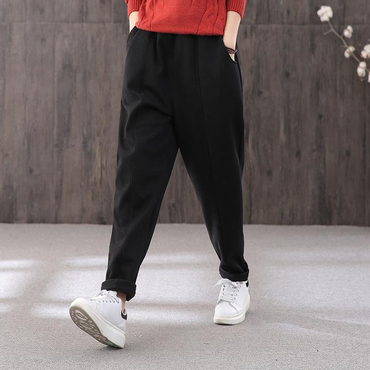 Thicken harem pants female elastic waist literary winter warm black casual pants - Omychic