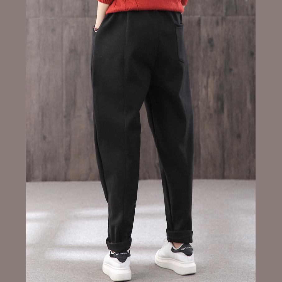 Thicken harem pants female elastic waist literary winter warm black casual pants - Omychic