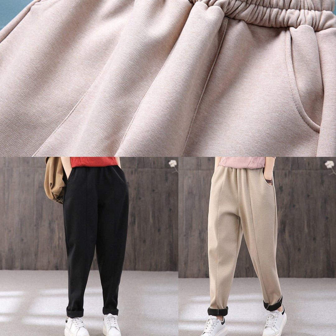 Thicken harem pants female elastic waist literary winter warm black casual pants - Omychic