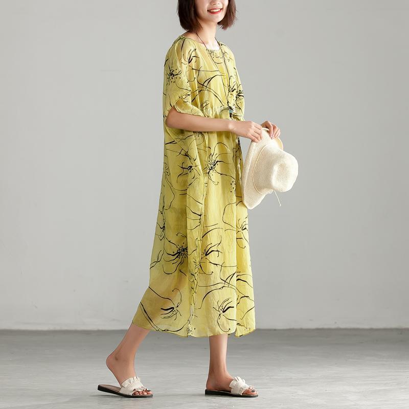 Thin Round Neck Printing Split Dress With Vest - Omychic