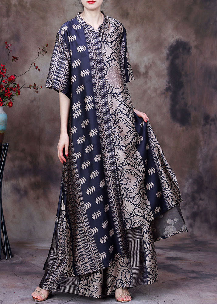 Top Quality Black Asymmetrical Print Side Open Silk Long Top And Wide Leg Pant Two Piece Set Summer