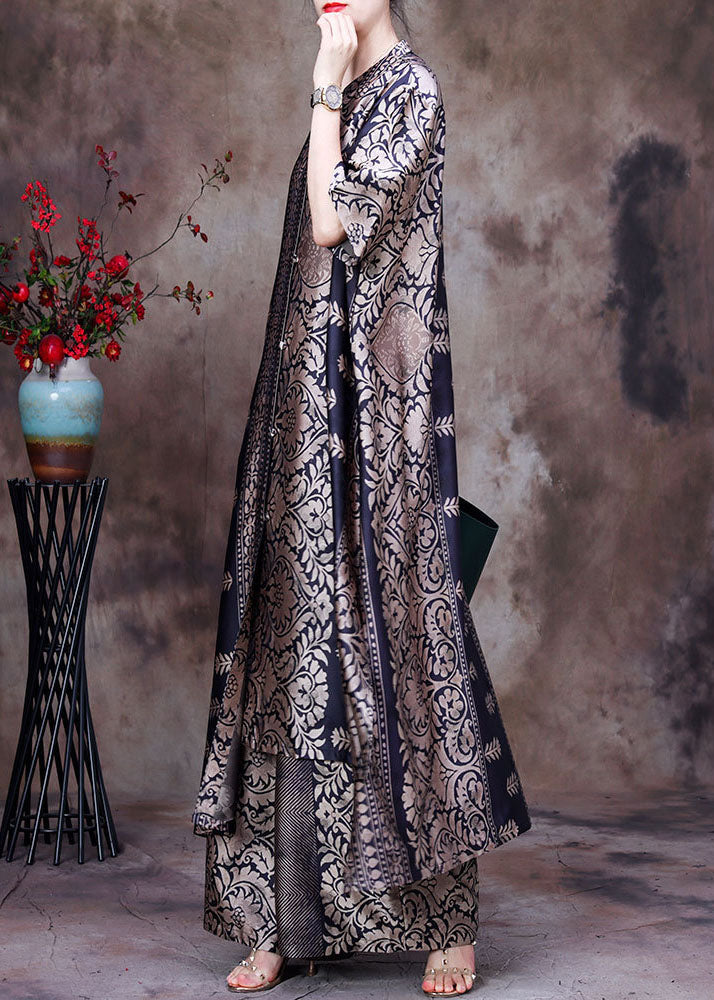 Top Quality Black Asymmetrical Print Side Open Silk Long Top And Wide Leg Pant Two Piece Set Summer
