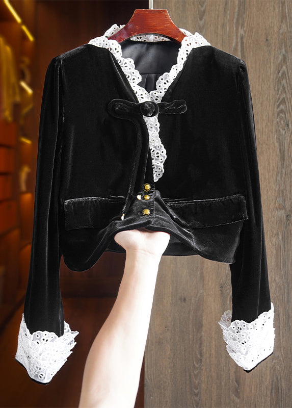 Black Button Lace Patchwork Silk Velour Top Fall