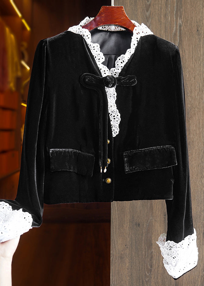 Black Button Lace Patchwork Silk Velour Top Fall