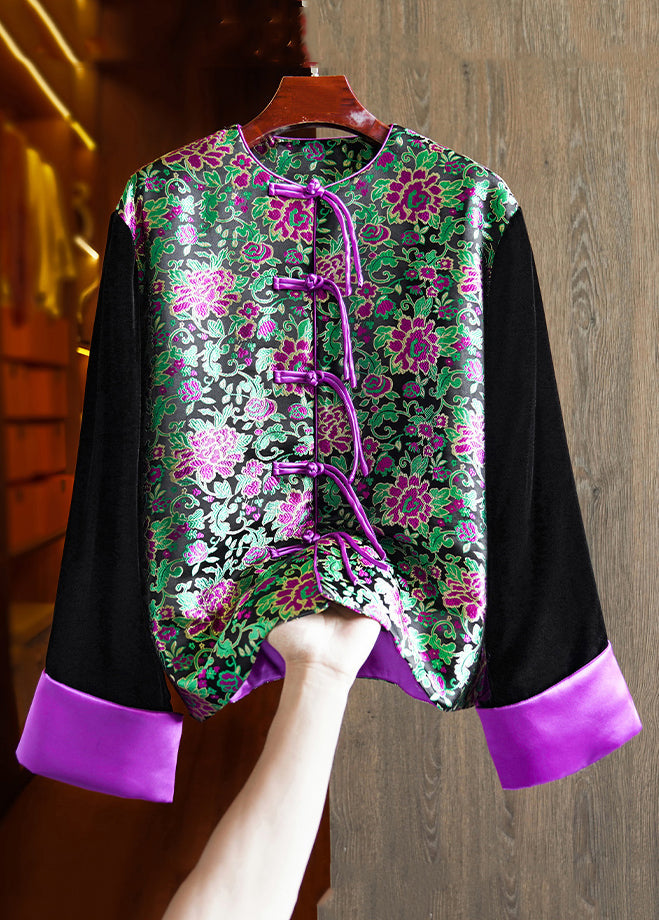 Black Embroidered Button Patchwork Silk Velour Parka Winter