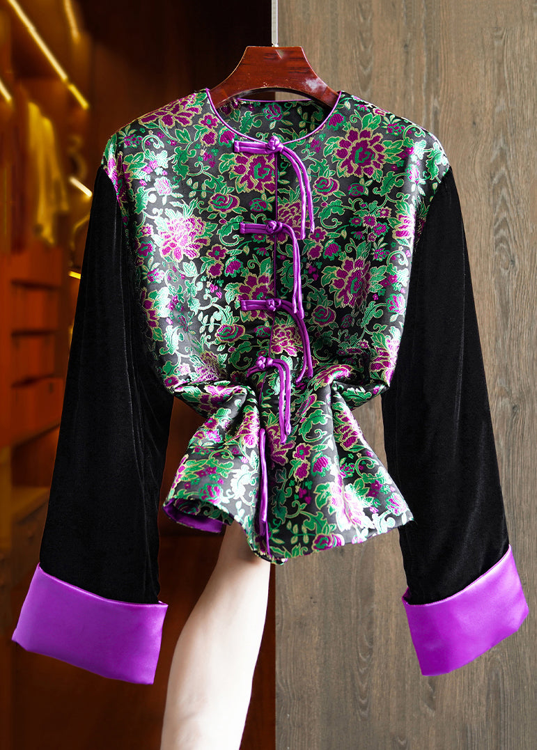 Black Embroidered Button Patchwork Silk Velour Parka Winter