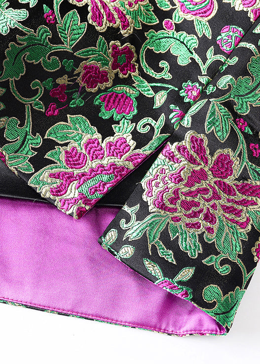 Black Embroidered Button Patchwork Silk Velour Parka Winter