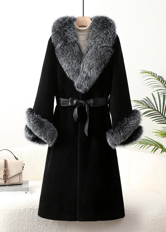 Top Quality Black Fox Collar Pockets Tie Waist Cashmere Coats Winter