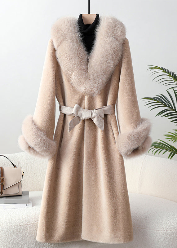 Black Fox Collar Pockets Tie Waist Cashmere Coats Winter
