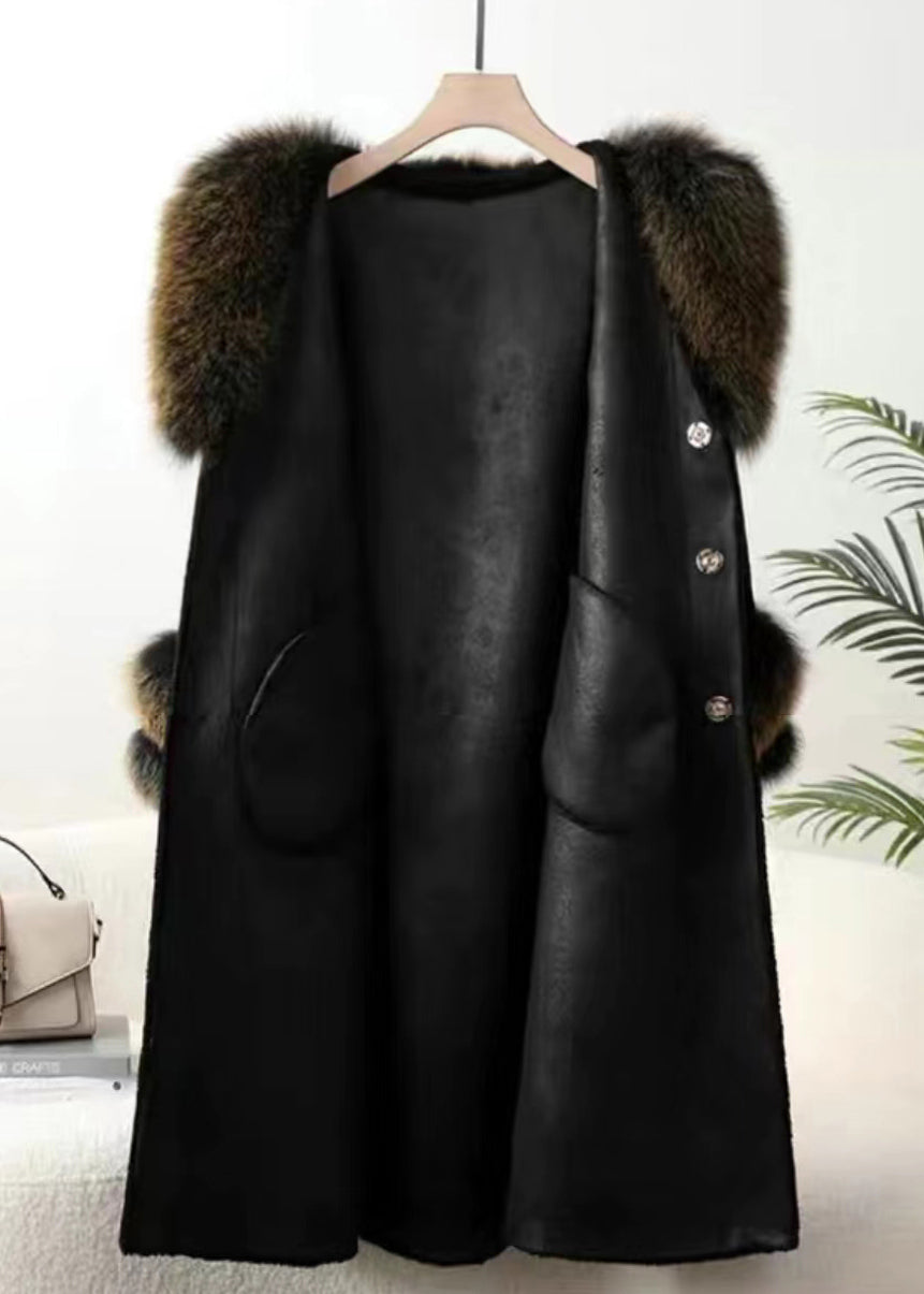 Black Fox Collar Pockets Tie Waist Cashmere Coats Winter