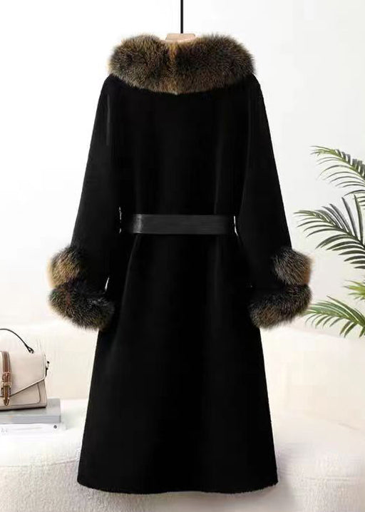 Black Fox Collar Pockets Tie Waist Cashmere Coats Winter