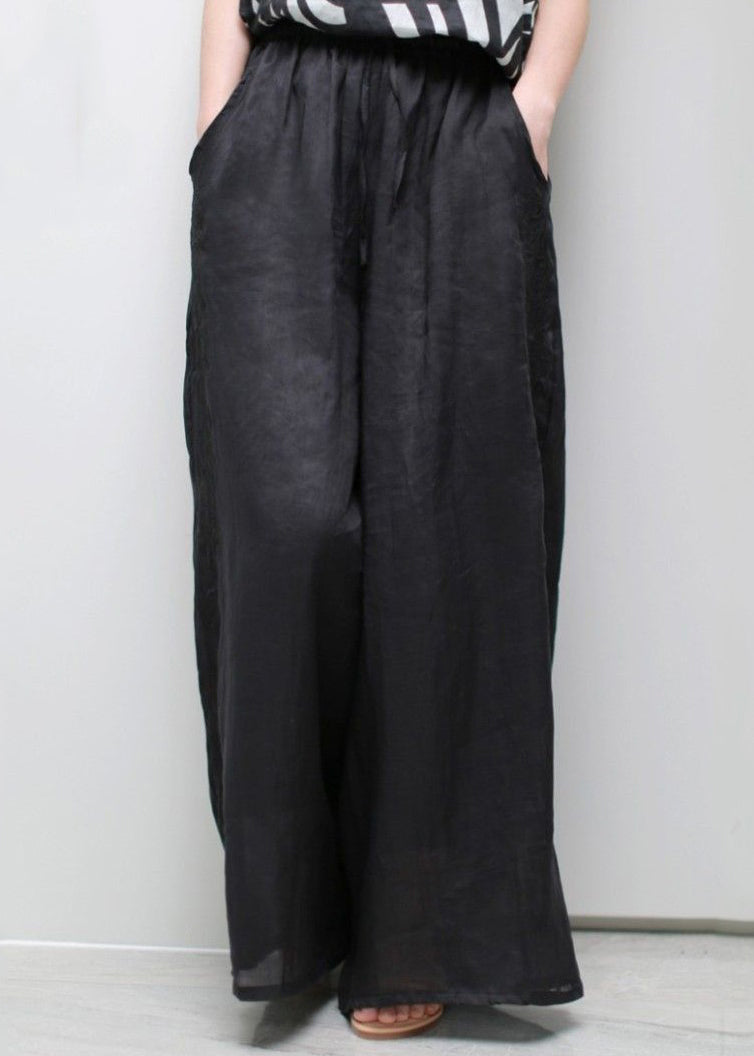 Top Quality Black Pockets Elastic Waist Thin Linen Wide Leg Pants Spring
