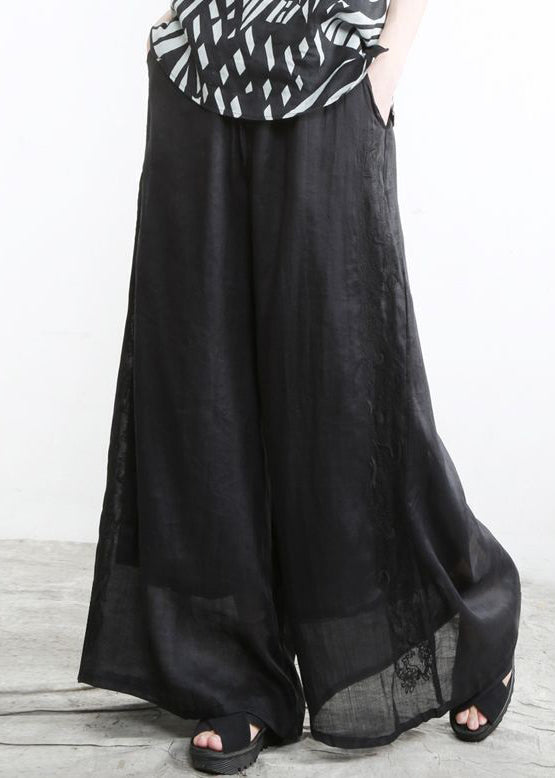 Black Pockets Elastic Waist Thin Linen Wide Leg Pants Spring
