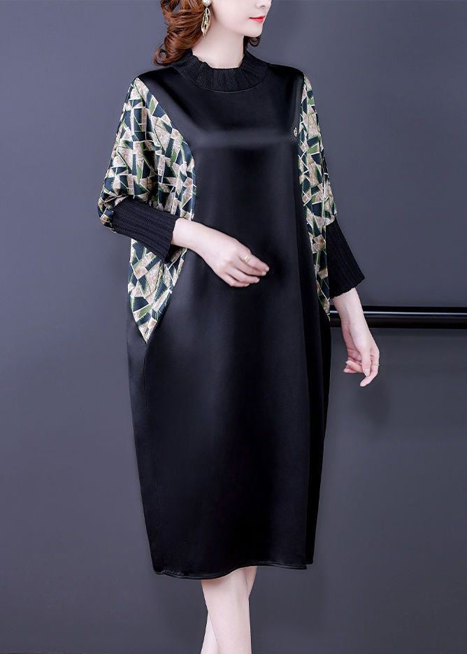 Black Print Pockets Patchwork Silk Dresses Fall