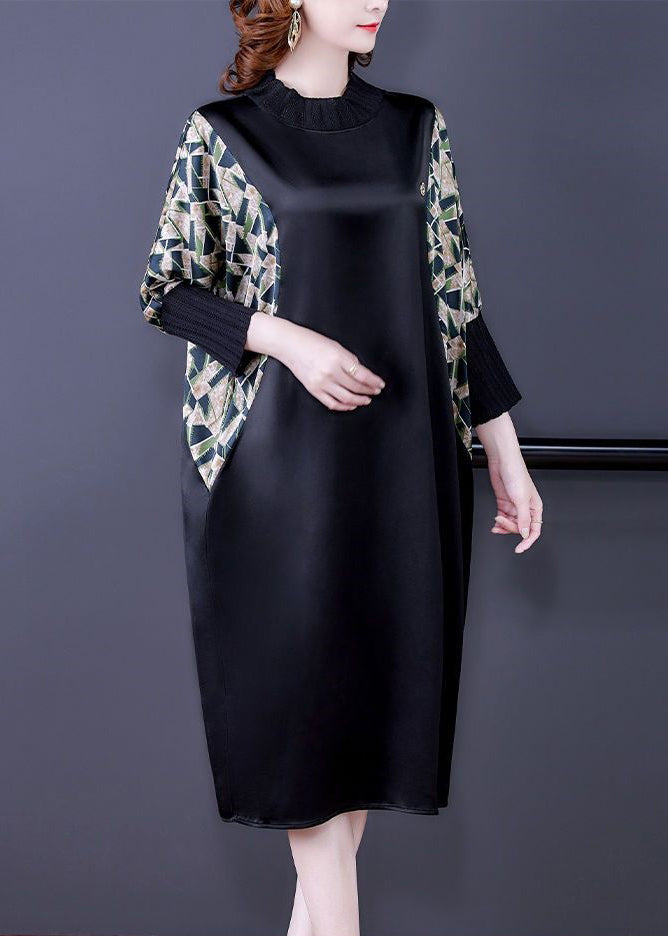 Top Quality Black Print Pockets Patchwork Silk Dresses Fall